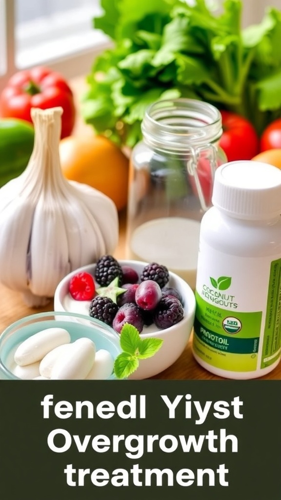 Natural remedies for yeast overgrowth including garlic, coconut oil, yogurt, and probiotics on a wooden table.